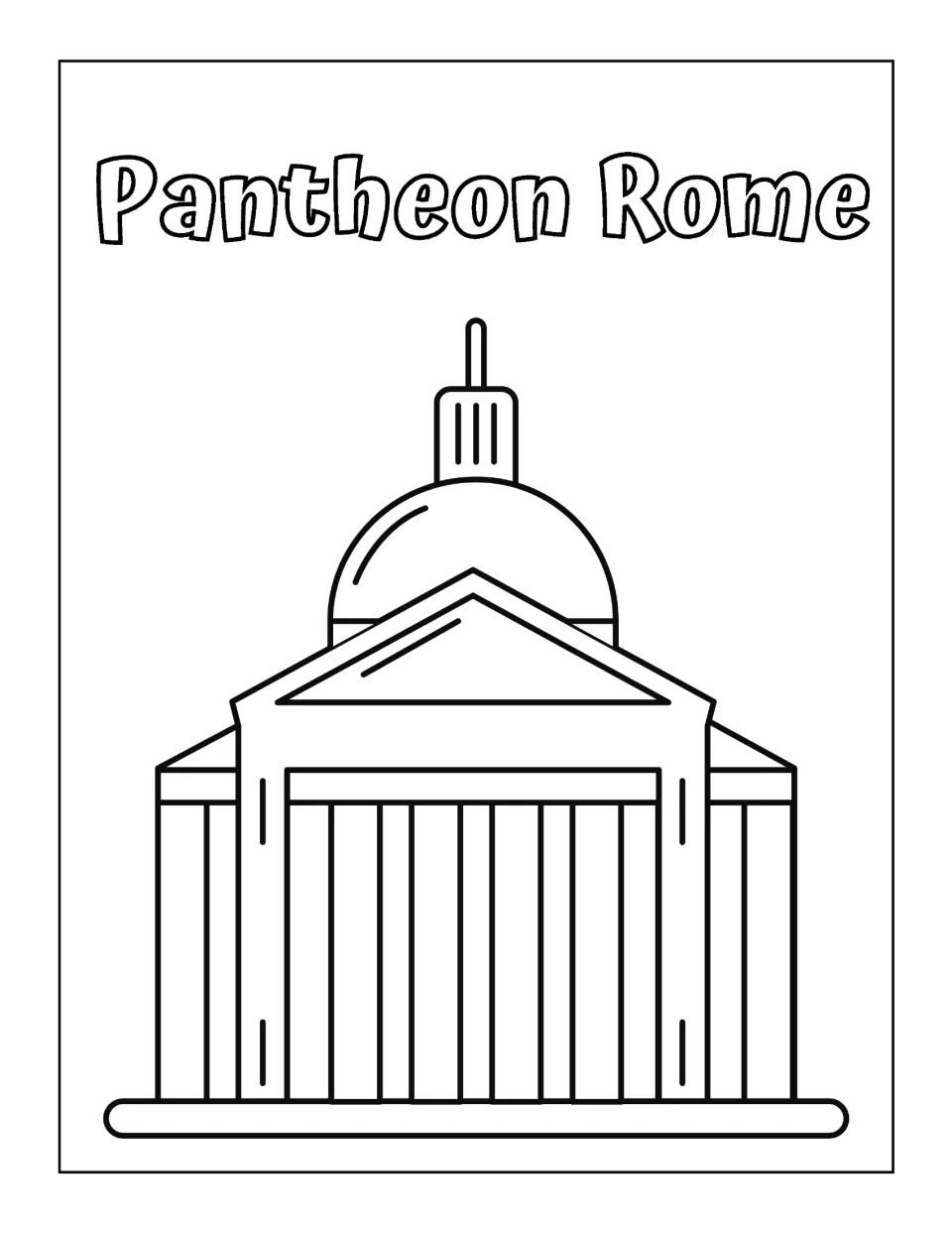 Italian landmark coloring page labeled 'Pantheon Rome,' showing a building with columns and a rounded dome