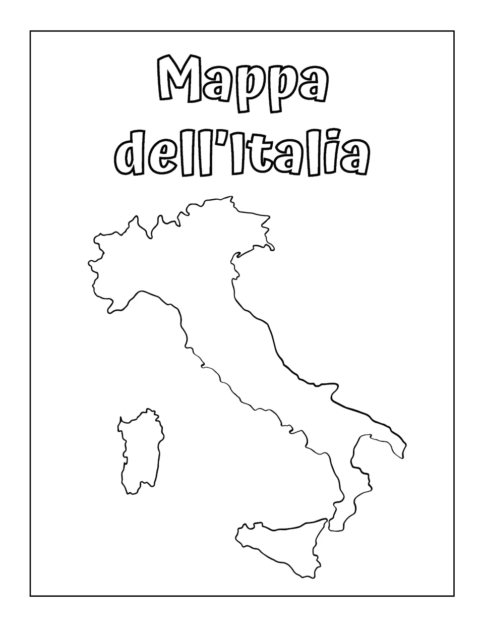 Italy map coloring page labeled 'Mappa dell’Italia' (Map of Italy), showing the mainland, Sardinia, and Sicily