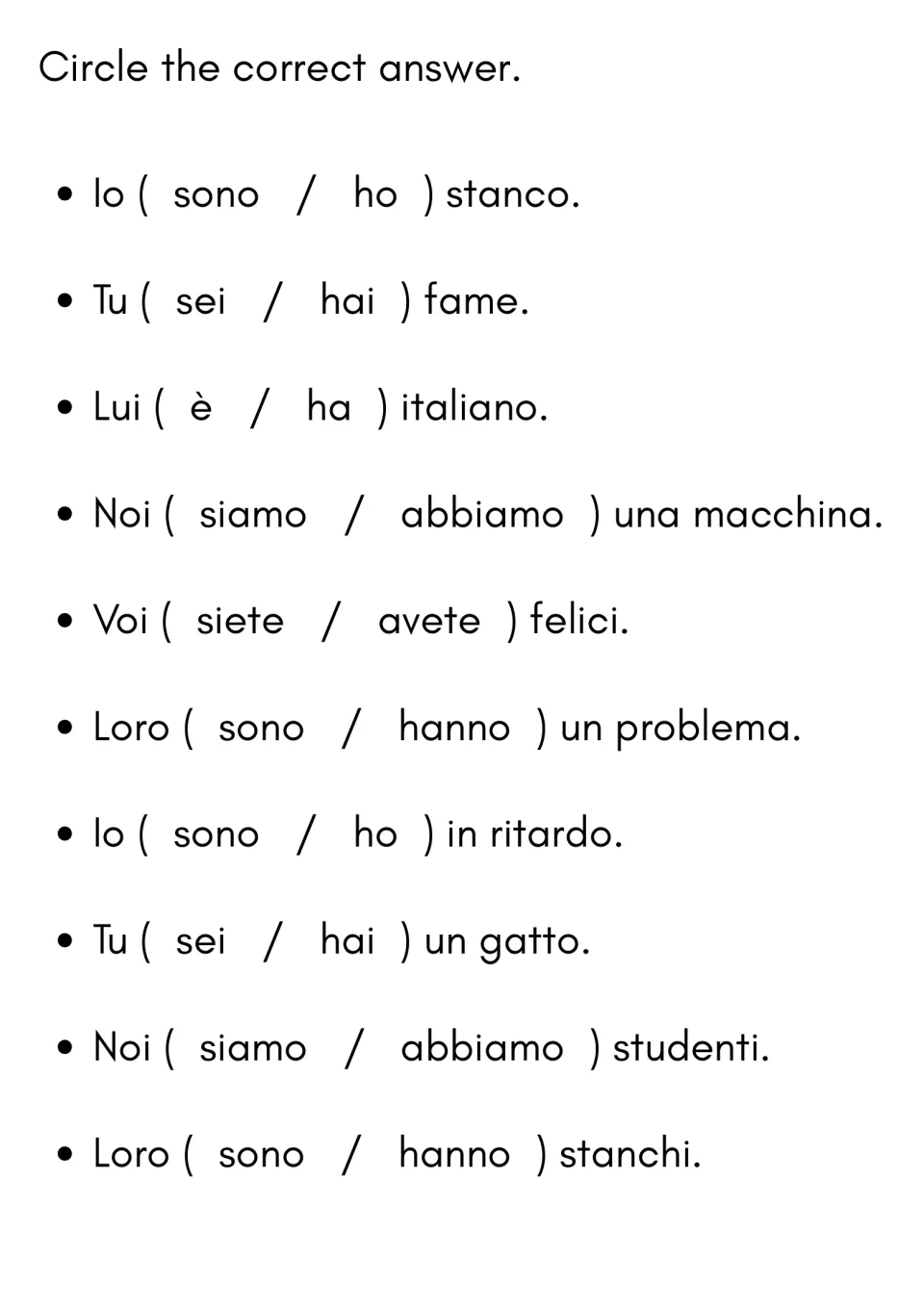 Italian verb multiple choice: students circle the right form in pairs like sono/ho and siamo/abbiamo across 10 sentences