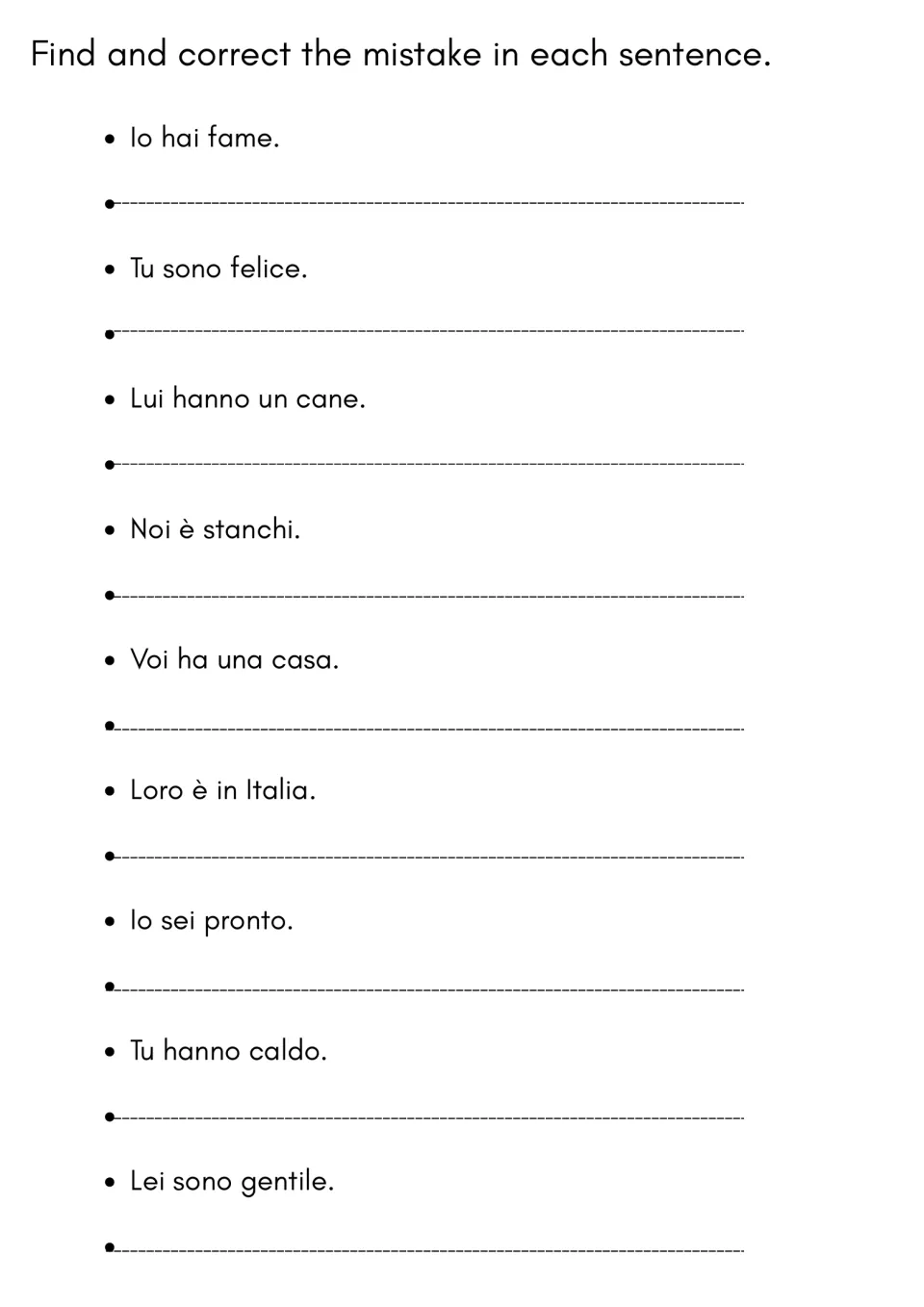 Error correction: students fix the wrong essere or avere form in 9 Italian sentences, such as Io hai fame, and rewrite each
