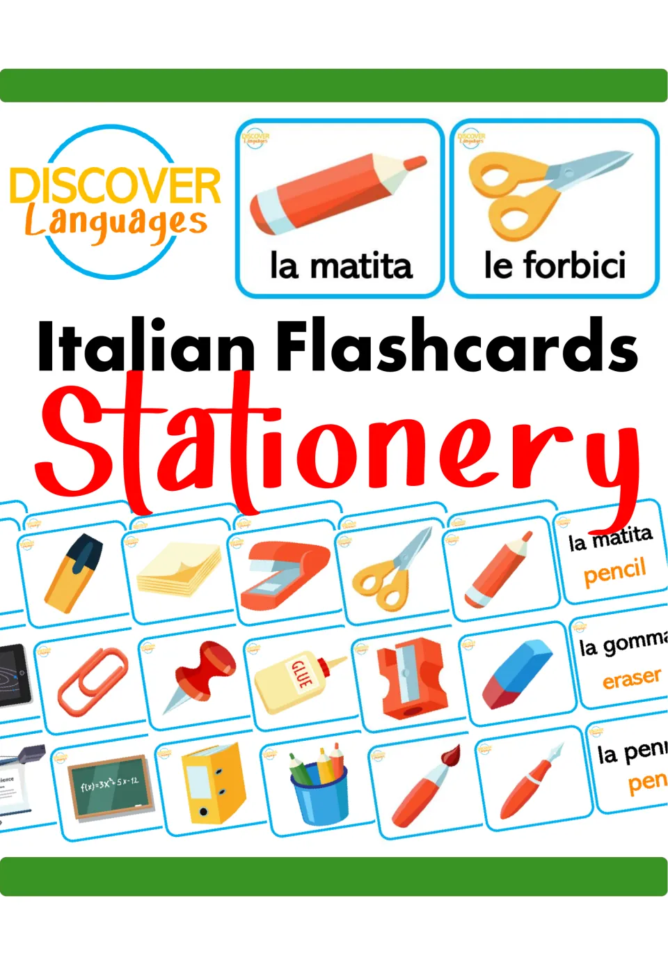 Cover of Italian Flashcards for Beginners - Stationery & Classroom Objects, showing sample vocabulary cards