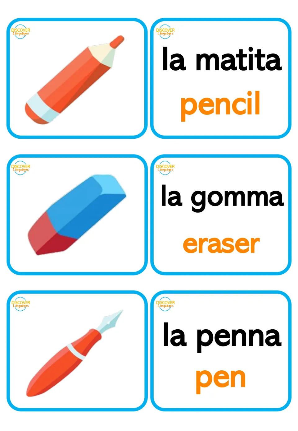 Italian bilingual flashcards: la matita (pencil), la gomma (eraser), and la penna (pen), with matching pictures