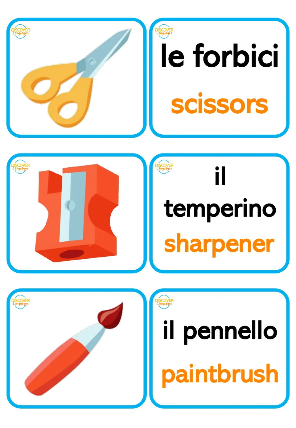 Italian bilingual picture and word cards: le forbici (scissors), il temperino (sharpener), il pennello (paintbrush)
