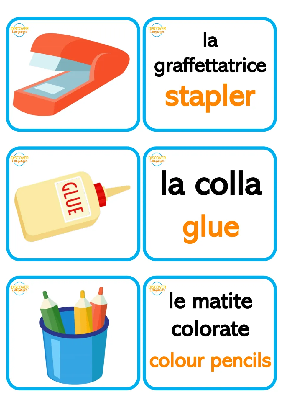 Italian bilingual flashcards for stapler, glue, and colored pencils, with pictures and Italian noun articles