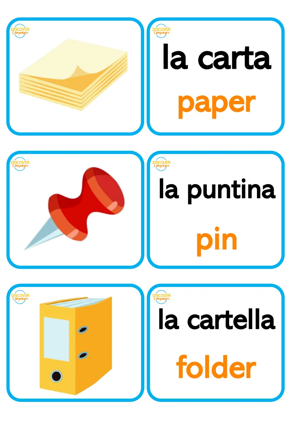 Italian bilingual flashcards: la carta (paper), la puntina (pin), and la cartella (folder), with matching pictures