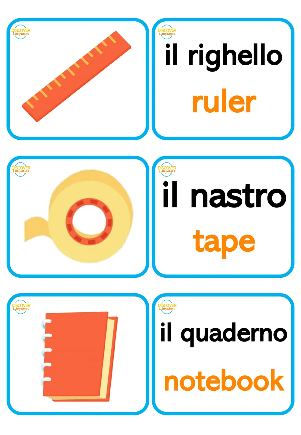 Italian bilingual picture and word cards: il righello (ruler), il nastro (tape), and il quaderno (notebook)