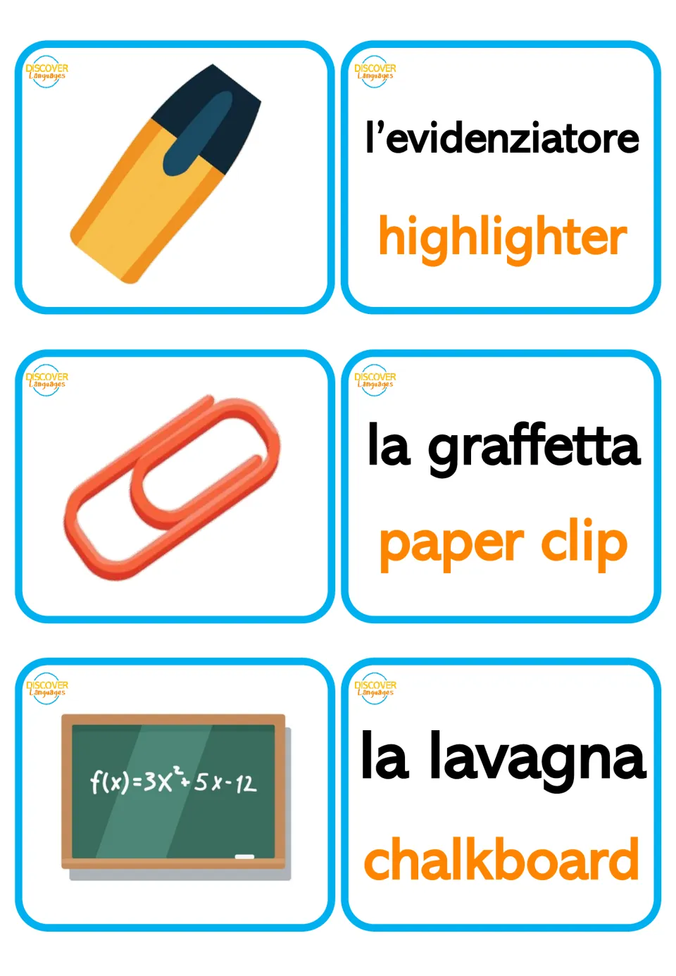 Italian bilingual flashcards for highlighter, paper clip, and chalkboard, with matching pictures and word cards