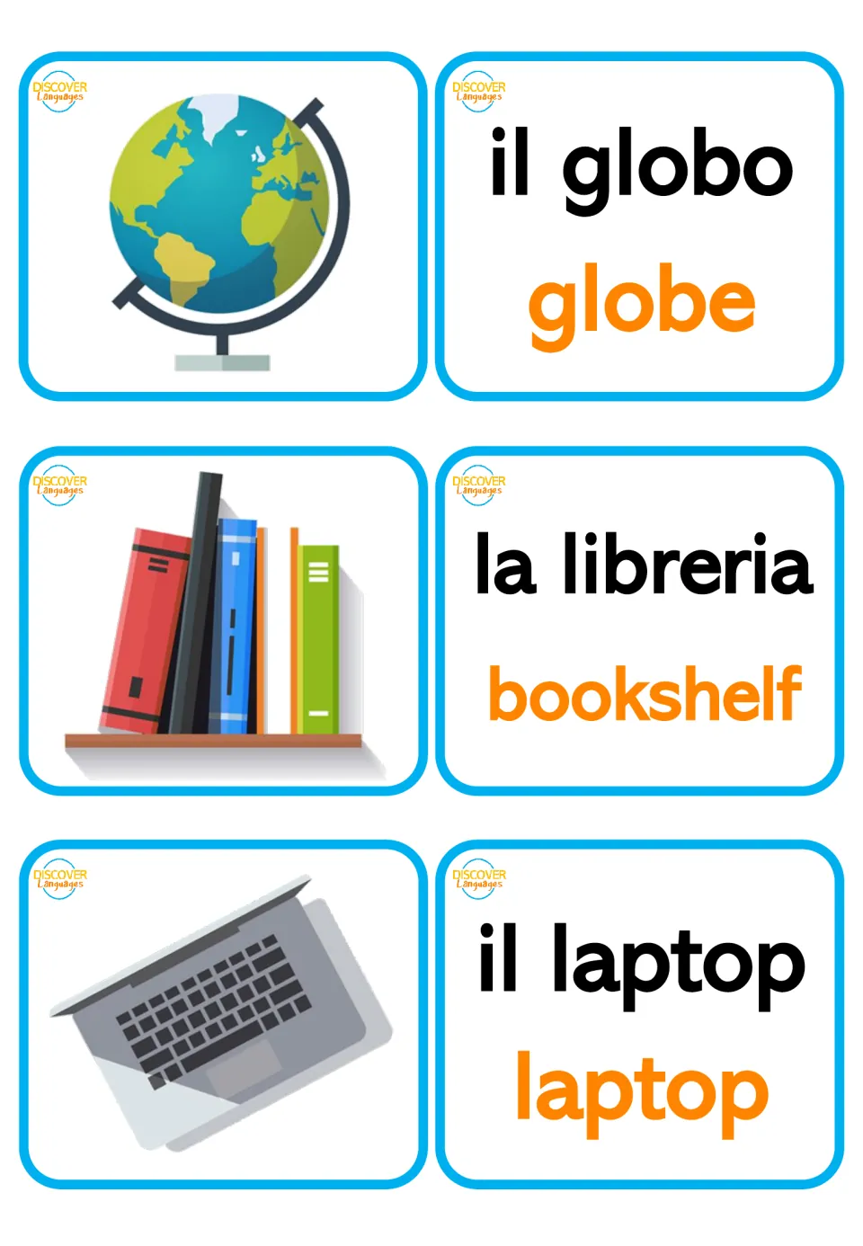 Italian bilingual picture and word cards: il globo (globe), la libreria (bookshelf), and il laptop (laptop)
