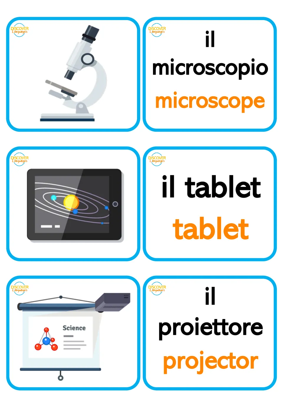 Italian bilingual flashcards for microscope, tablet, and projector, with matching pictures and word cards
