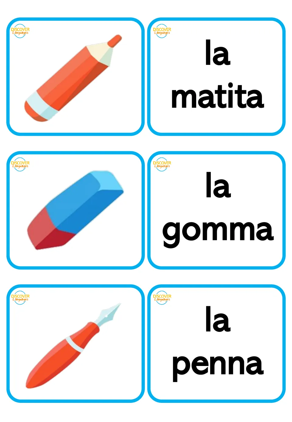 Italian-only flashcards: la matita (pencil), la gomma (eraser), and la penna (pen), with separate picture cards