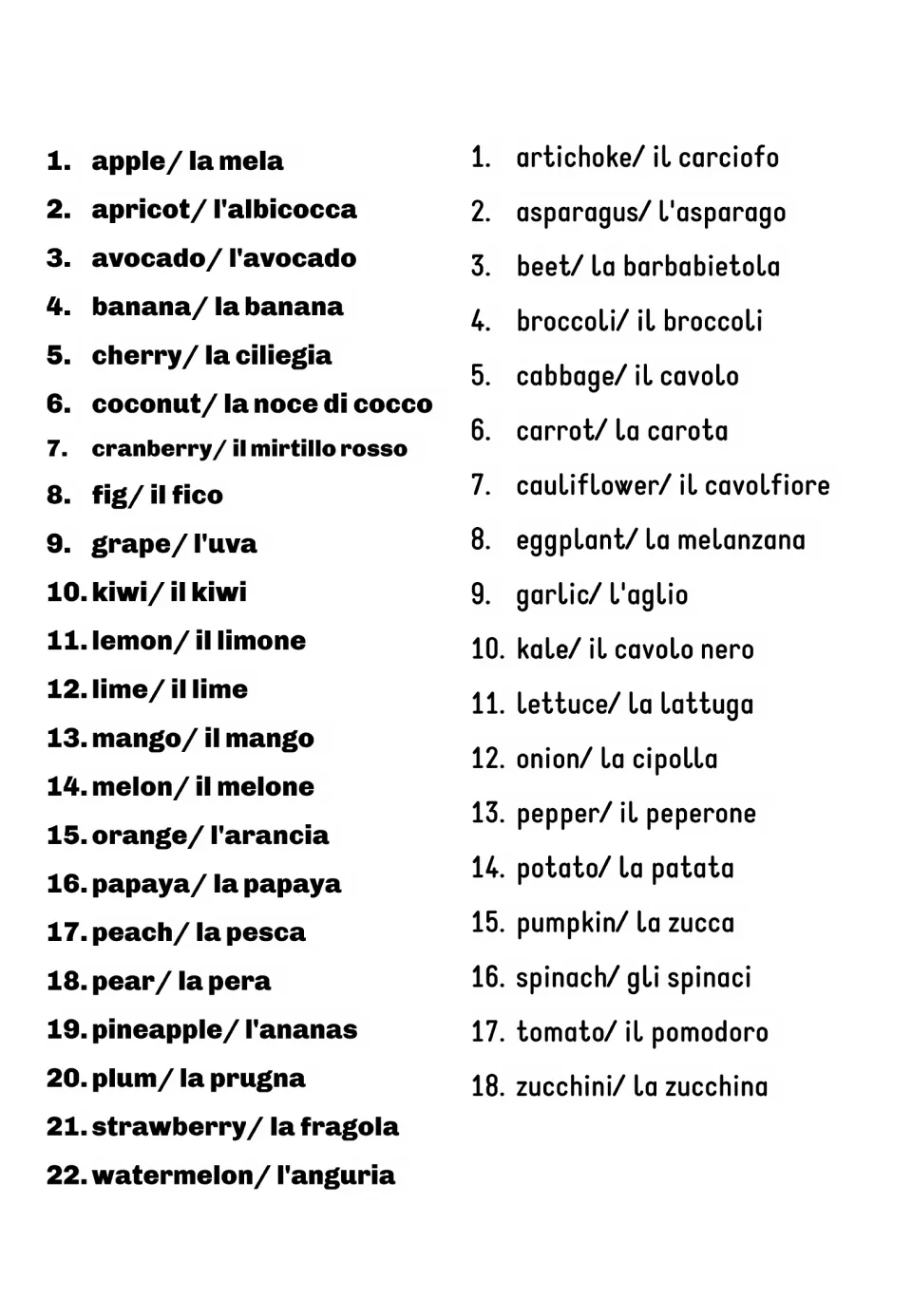 Italian flashcard vocabulary list: 22 fruits and 18 vegetables with English names and Italian translations
