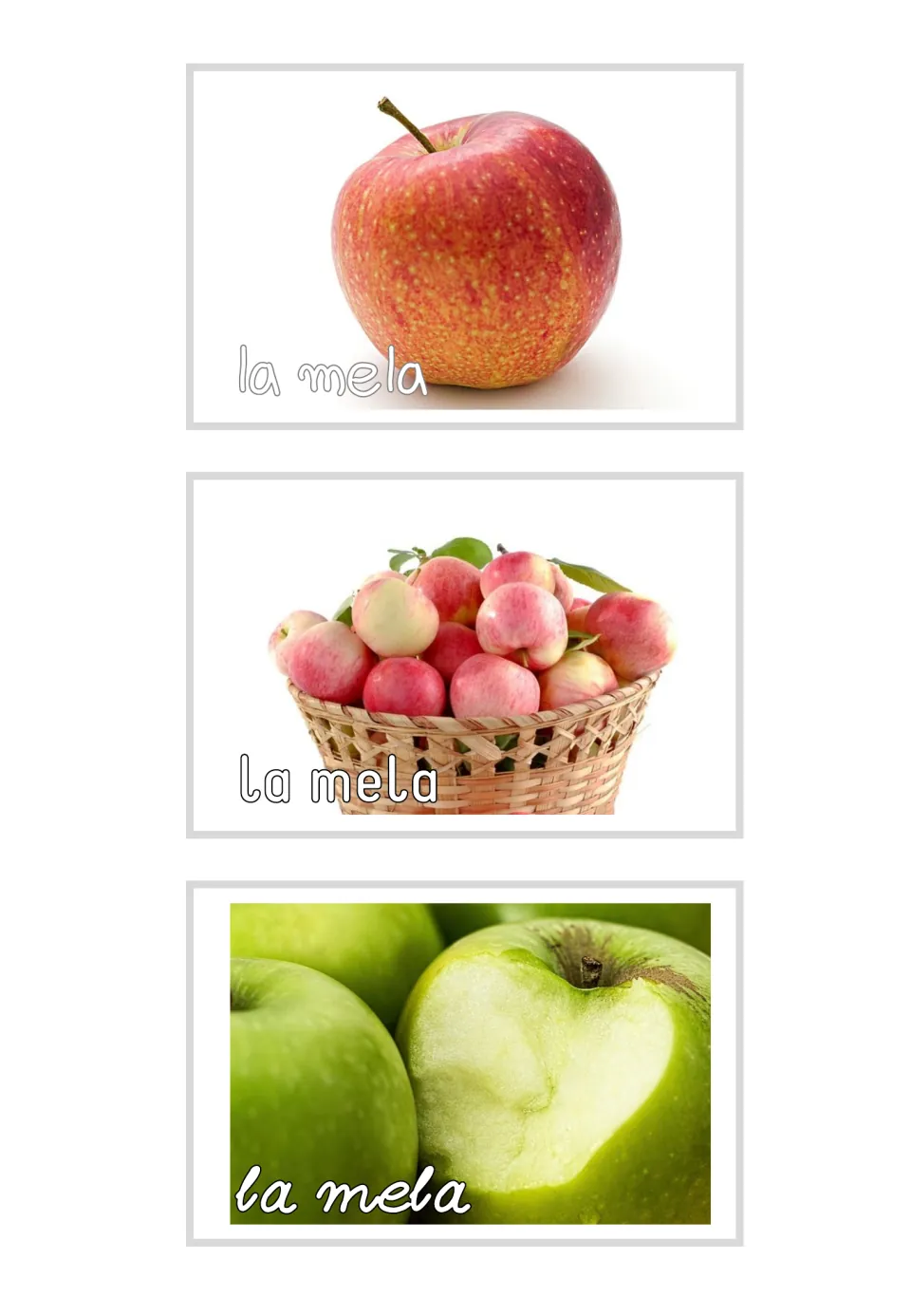Three Italian photo flashcards labeled 'la mela' (apple): a red apple, a basket of apples and green apples