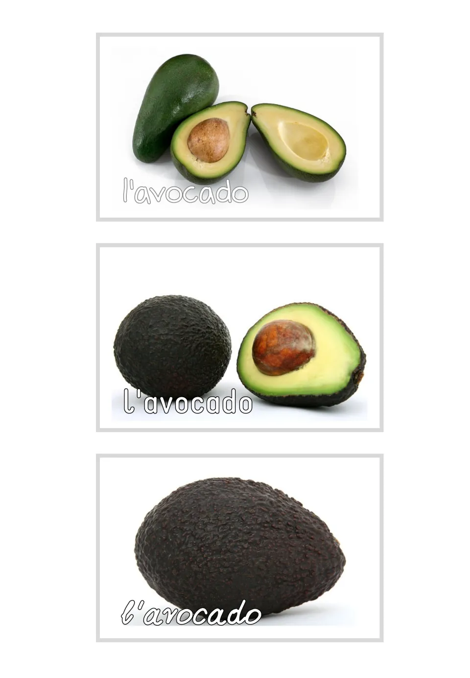 Three Italian photo flashcards labeled "l'avocado" (avocado), showing whole avocados and cut halves
