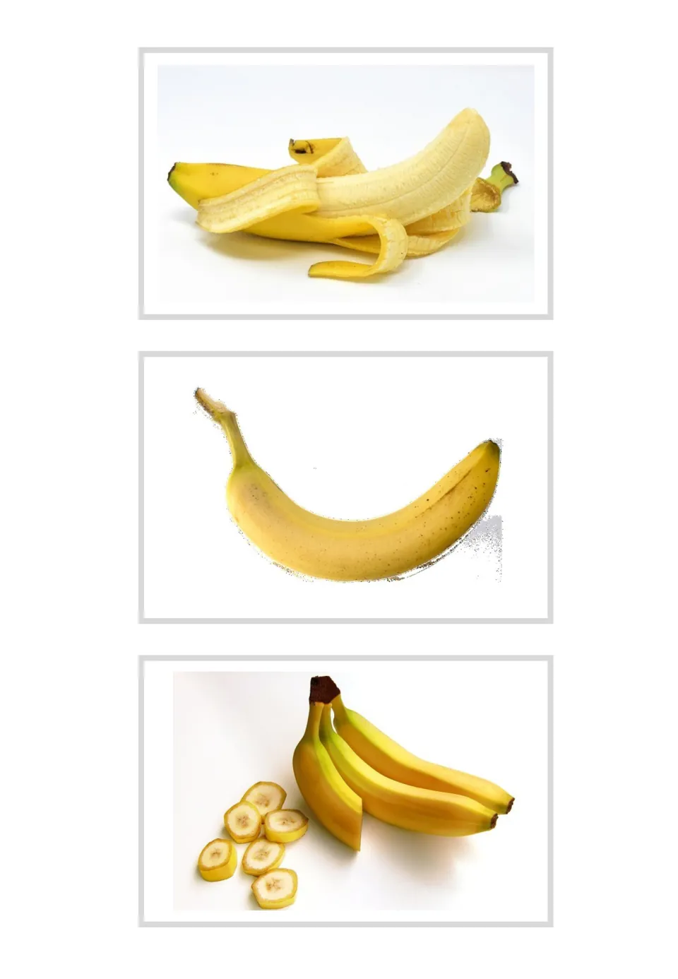 Three unlabeled banana photo flashcards for Italian vocabulary: peeled banana, whole banana and sliced fruit