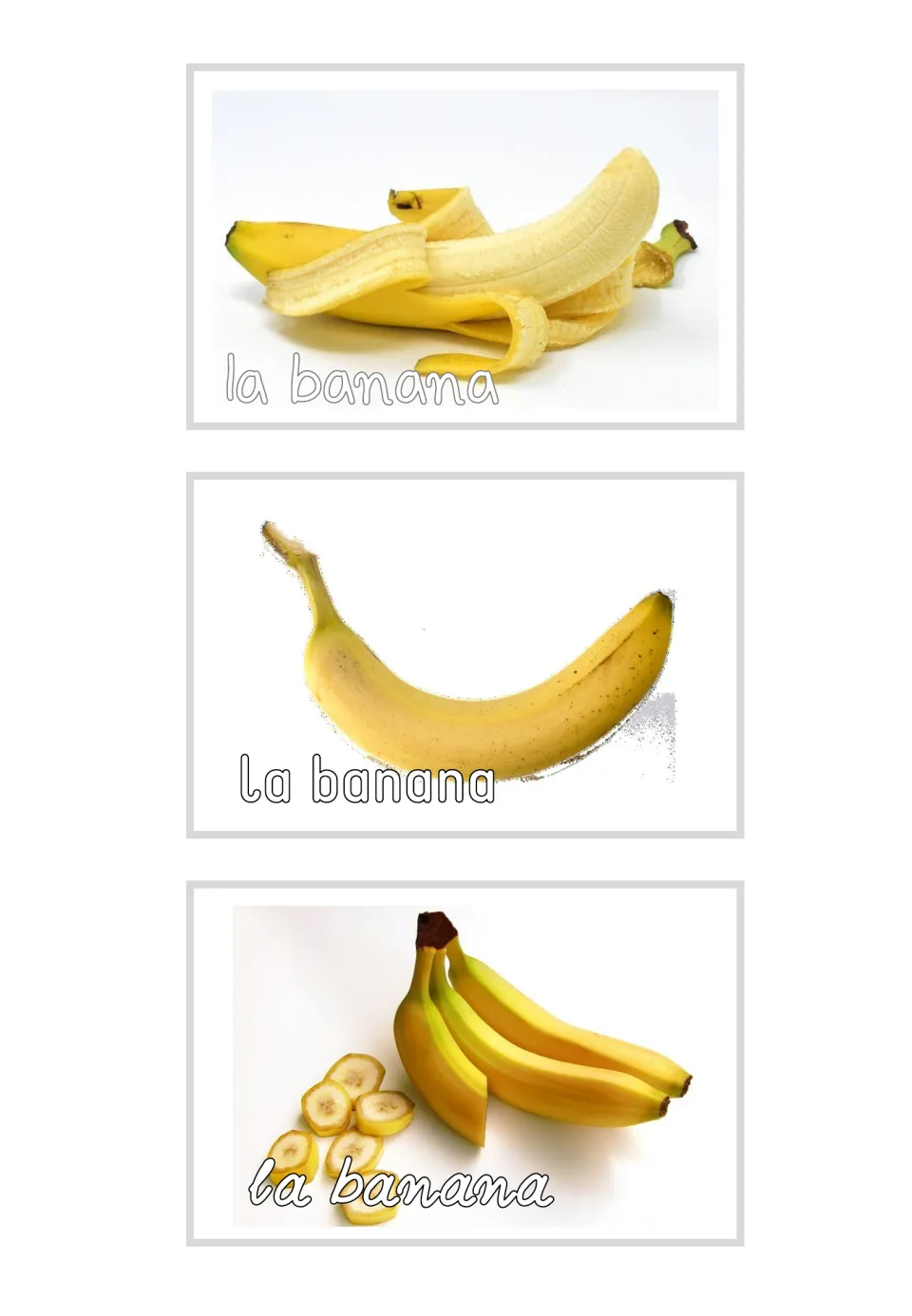 Three Italian photo flashcards labeled 'la banana' (banana), showing peeled, whole and sliced bananas