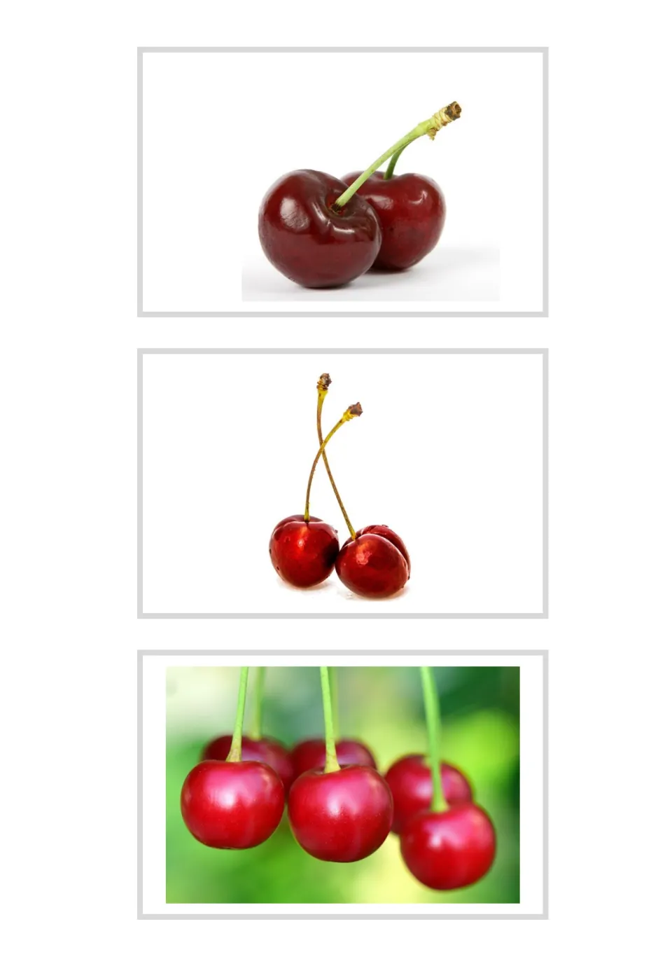 Three unlabeled cherry photo flashcards for Italian vocabulary: two pairs of cherries and cherries on stems