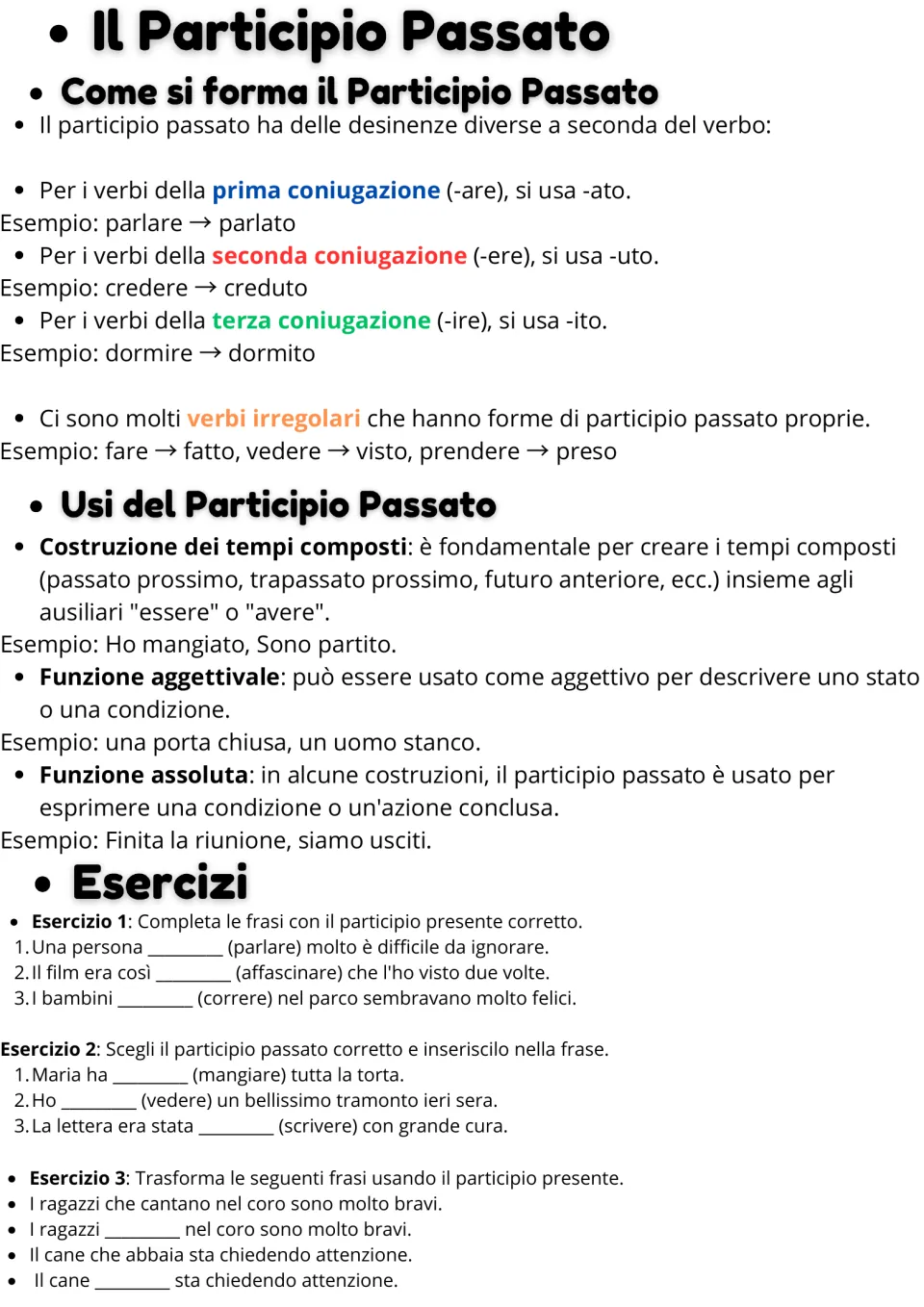 Italian participle lesson, part 2: past participle endings -ato, -uto, -ito and three grammar exercises