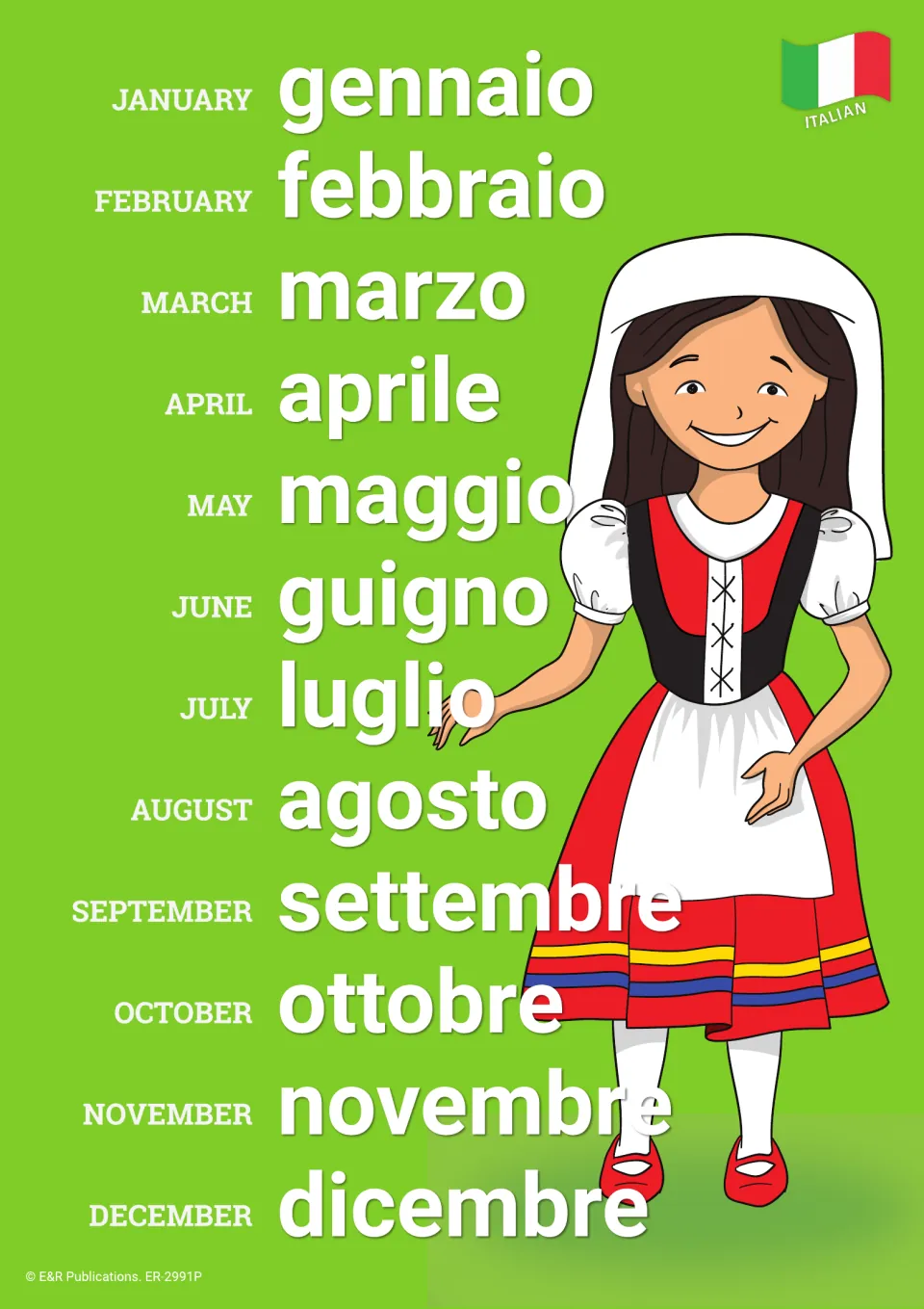 Months of the year poster: January to December with Italian names gennaio to dicembre and a girl in folk dress