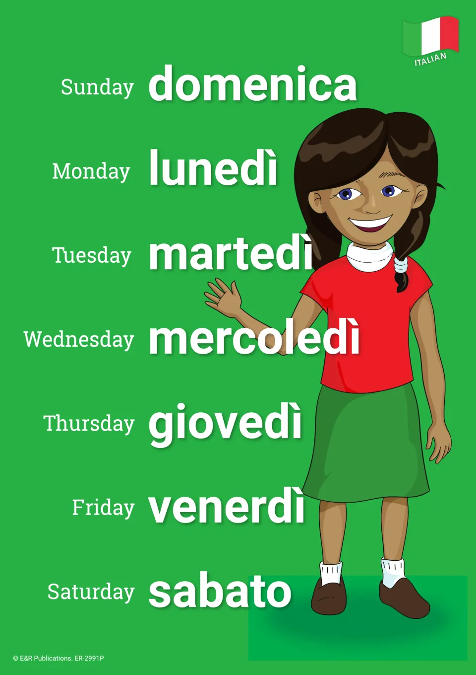 Days of the week poster: Sunday to Saturday paired with domenica, lunedì, martedì, mercoledì, giovedì, venerdì, sabato