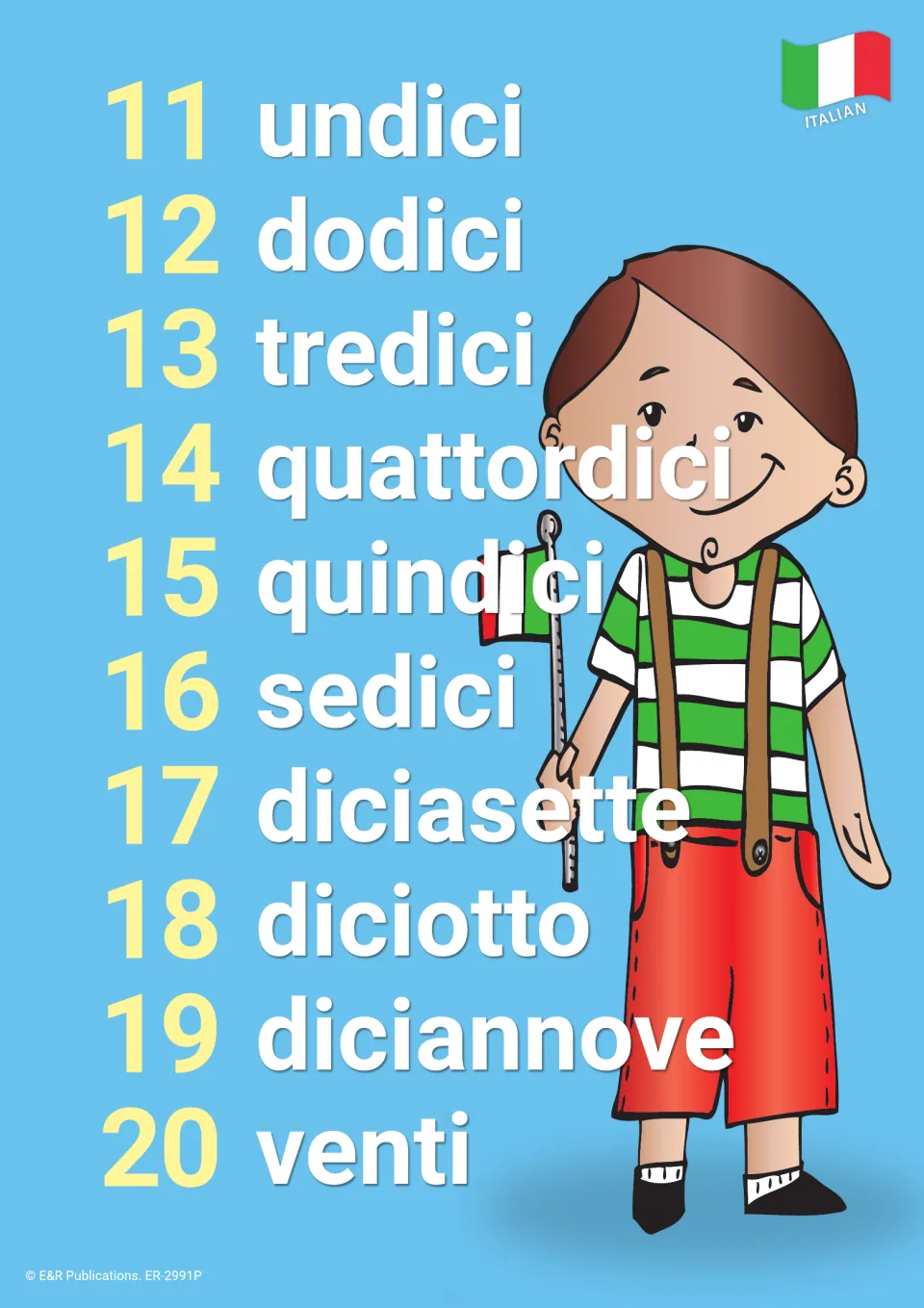 Italian numbers 11 to 20 poster: undici through venti beside a boy in a striped shirt holding a small Italian flag