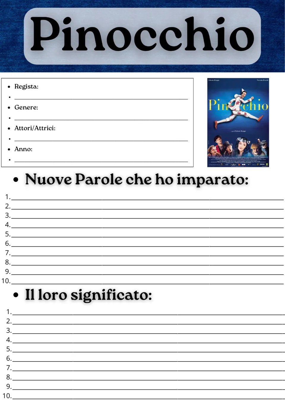 Italian movie guide opening page: director, genre, cast, year, and 10 new vocabulary words with meanings.