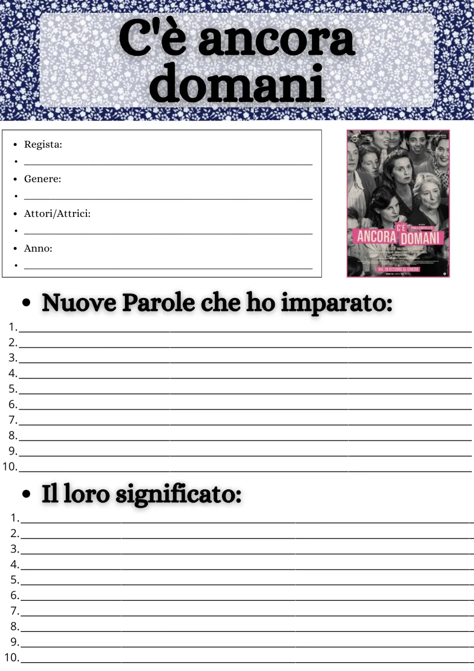 Movie guide opening page: director, genre, cast, year, and spaces for 10 new Italian words and their meanings.