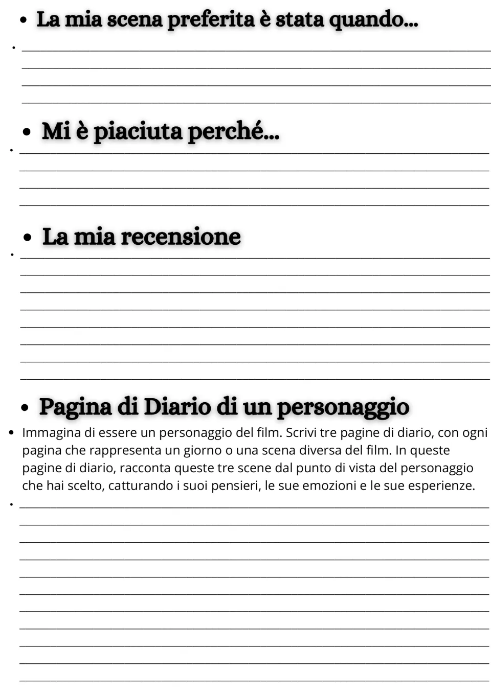 Film response page: favorite scene, reasons, review, and a prompt to write three diary entries as a character.