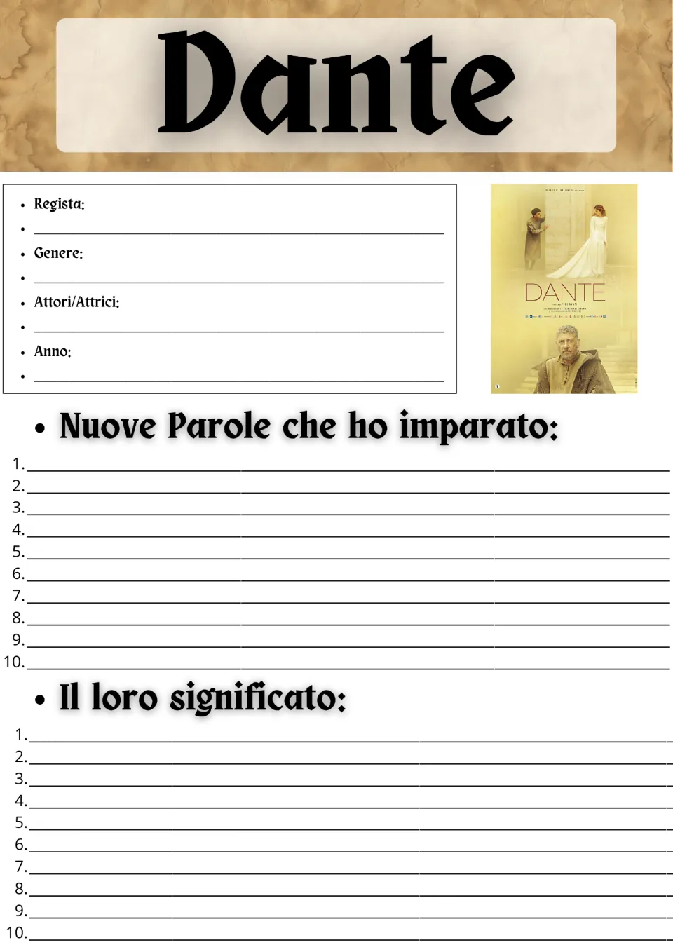 Movie guide opening page: director, genre, cast, year, and 10 new Italian words with their meanings.