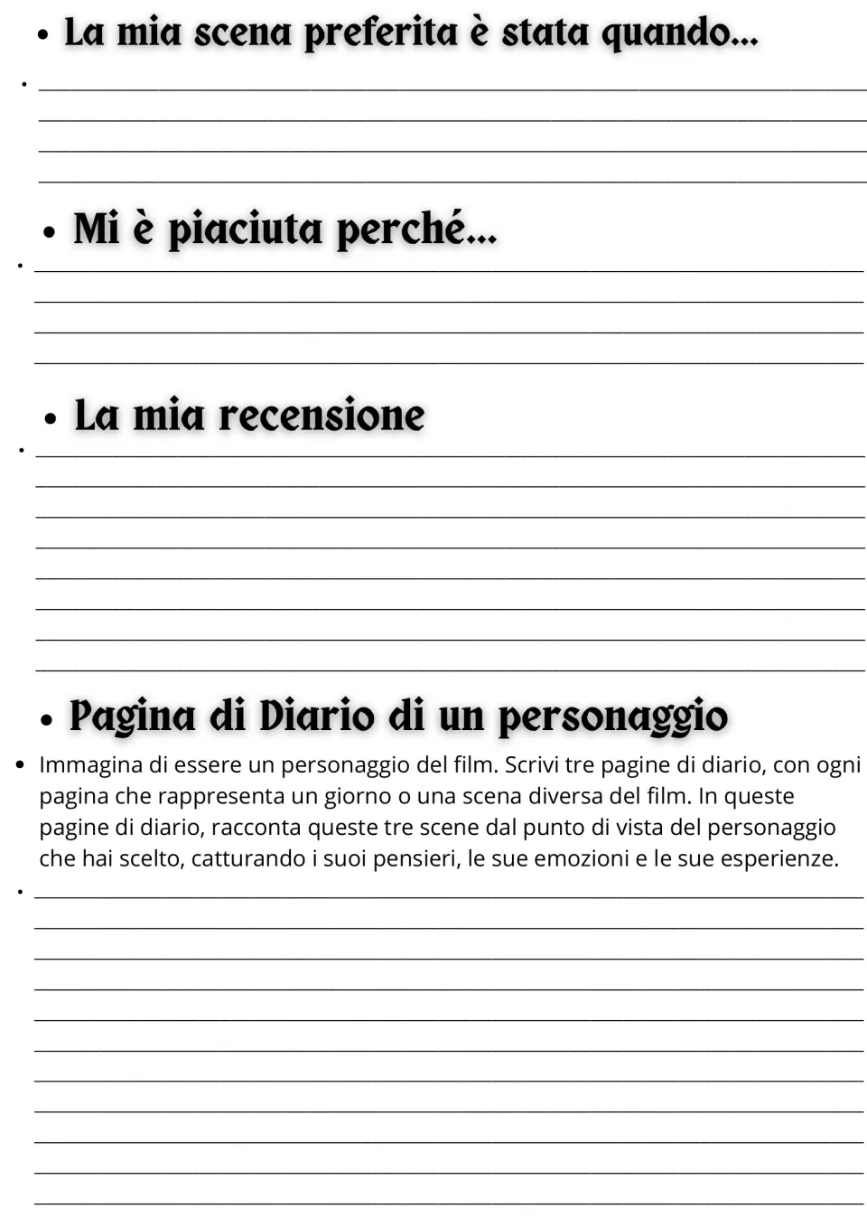 Movie guide reflection: favorite scene, reasons, film review, and a prompt for three character diary pages.