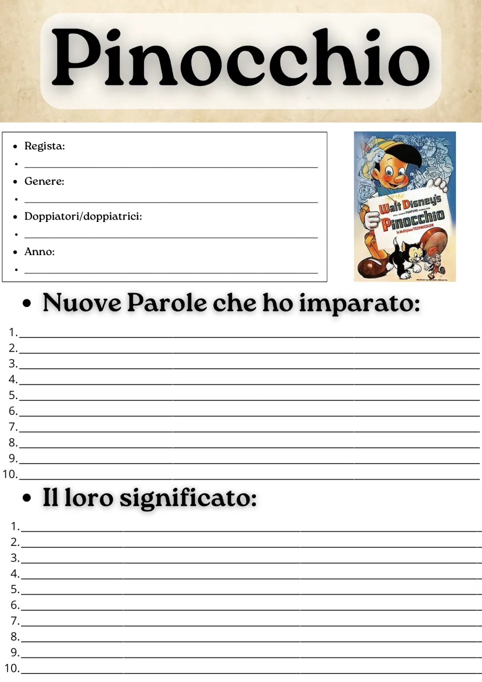 Italian movie guide opening page: film credits and 10 new vocabulary words with their meanings.