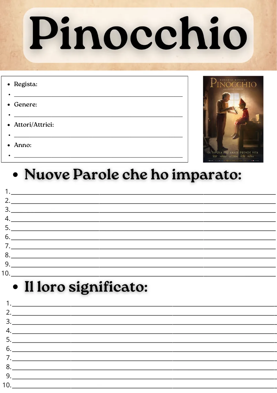 Italian movie guide opening page: director, genre, cast, year, and 10 new words with their meanings.
