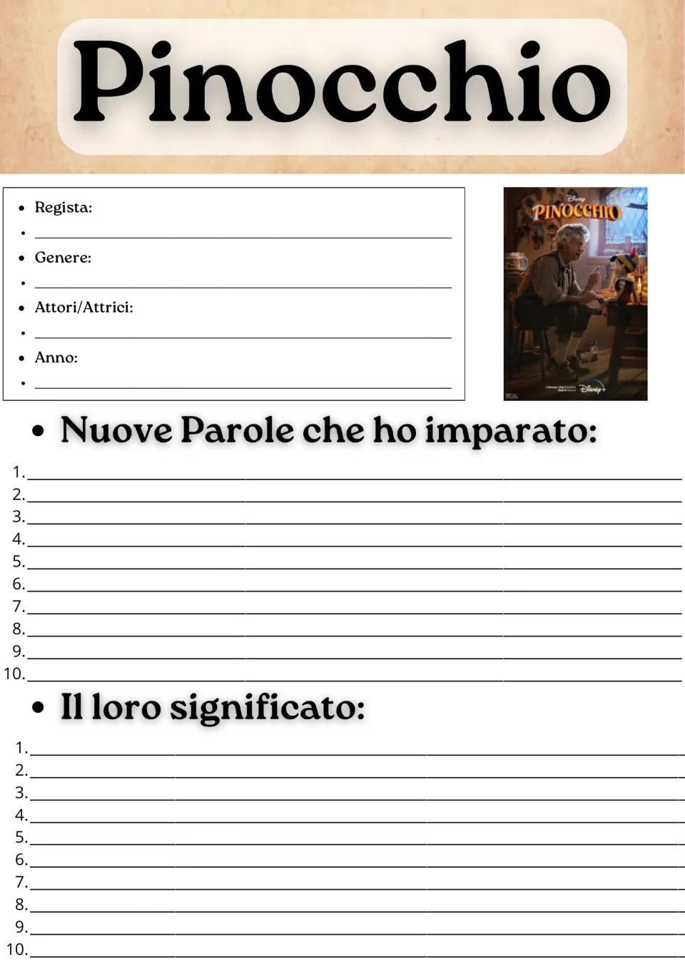 Italian movie guide opening page: director, genre, actors, year, and 10 new words with their meanings.