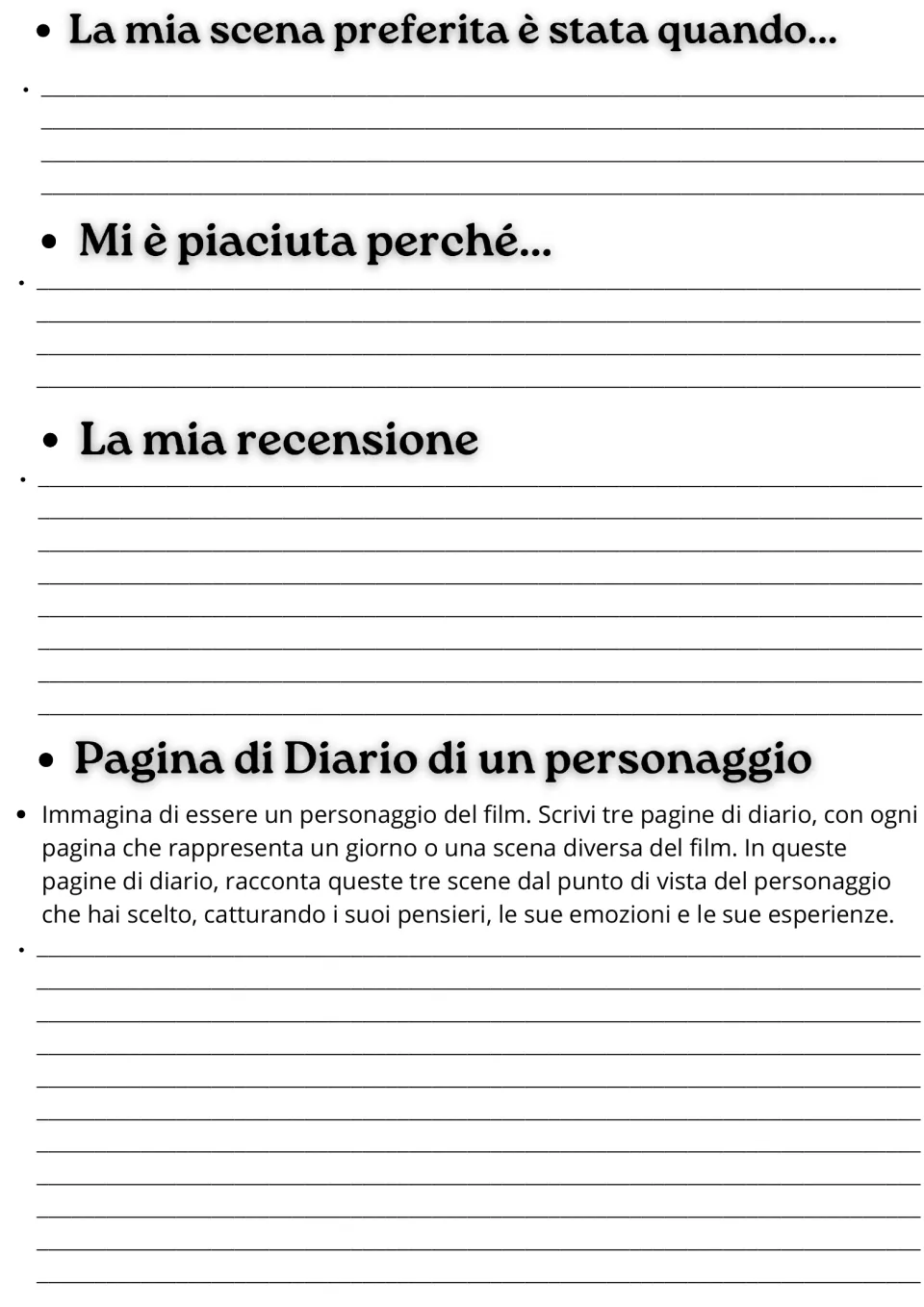 Italian movie guide writing page: favorite scene, reasons for liking it, review, and character diary prompt.
