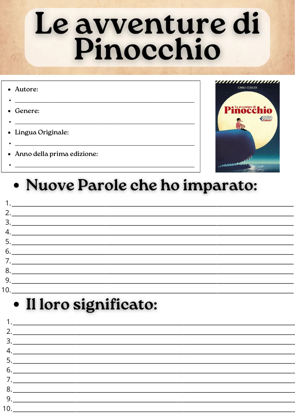 Novel study opening: author, genre, original language, first publication year, and 10 new words with meanings