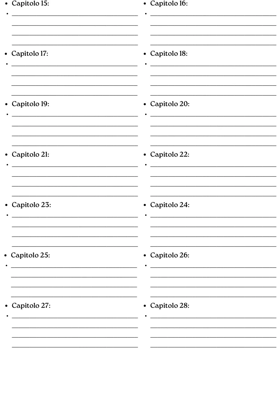 Chapter summary section continues with Capitolo (chapter) labels 15–28 for recording each chapter's events