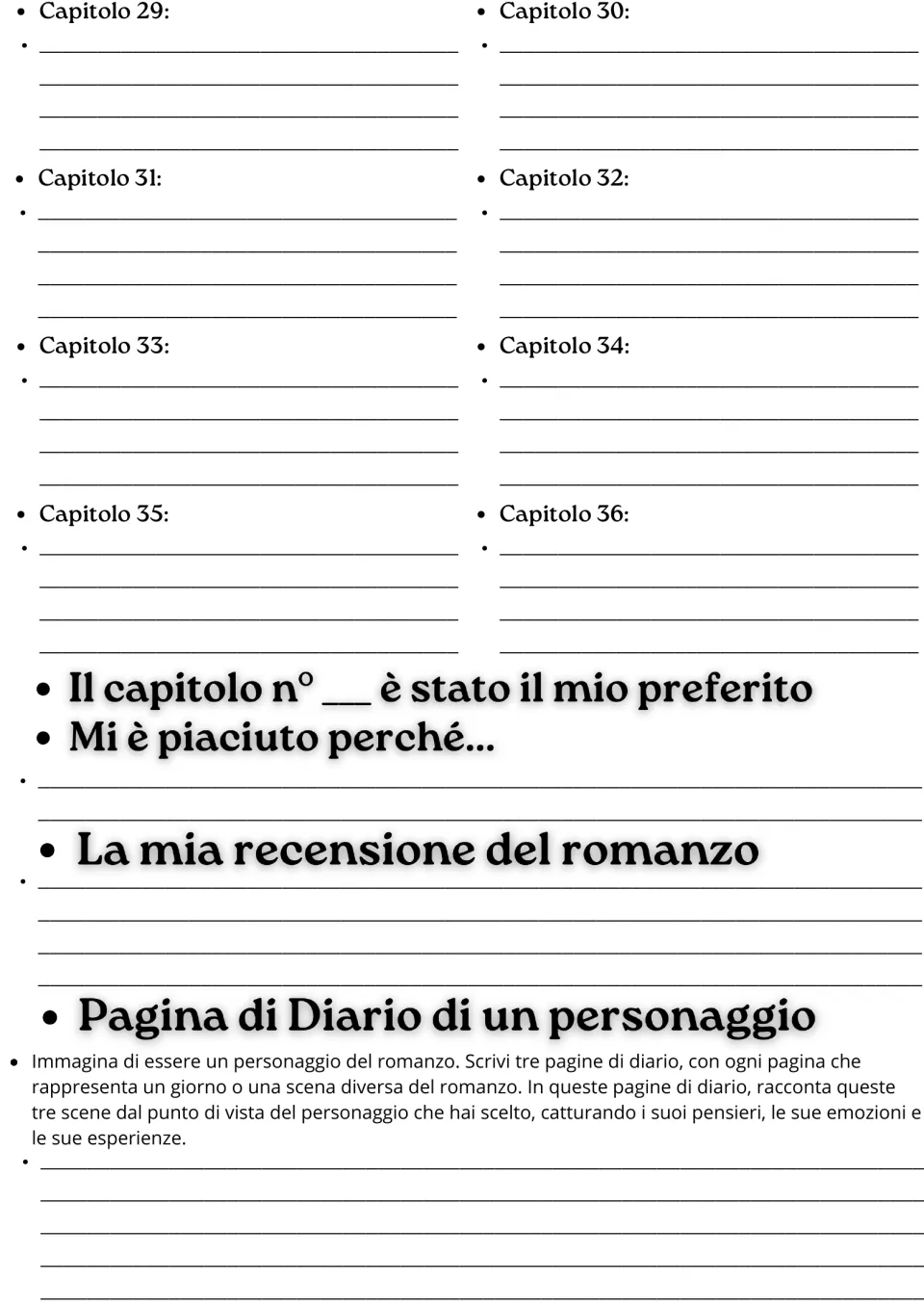 Final study sheet: chapters 29–36, favorite chapter, novel review, and a prompt for three character diary entries