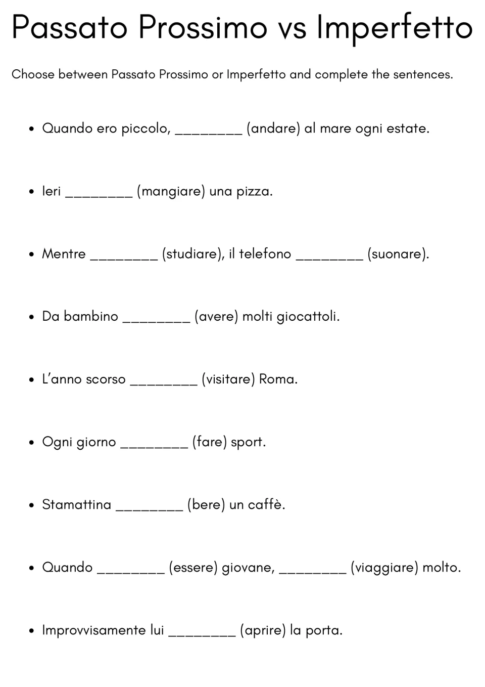 Italian past-tense practice: 9 sentence completions about childhood, eating pizza, studying, and travel.