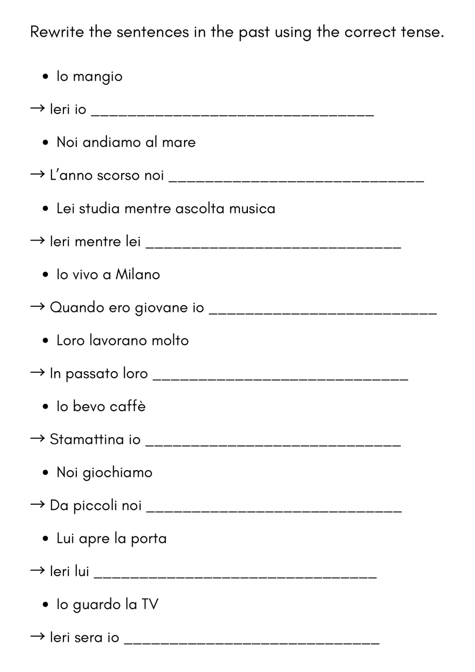 Italian past-tense practice: 9 sentence rewrites using cues such as ieri (yesterday) and da piccoli (as children).