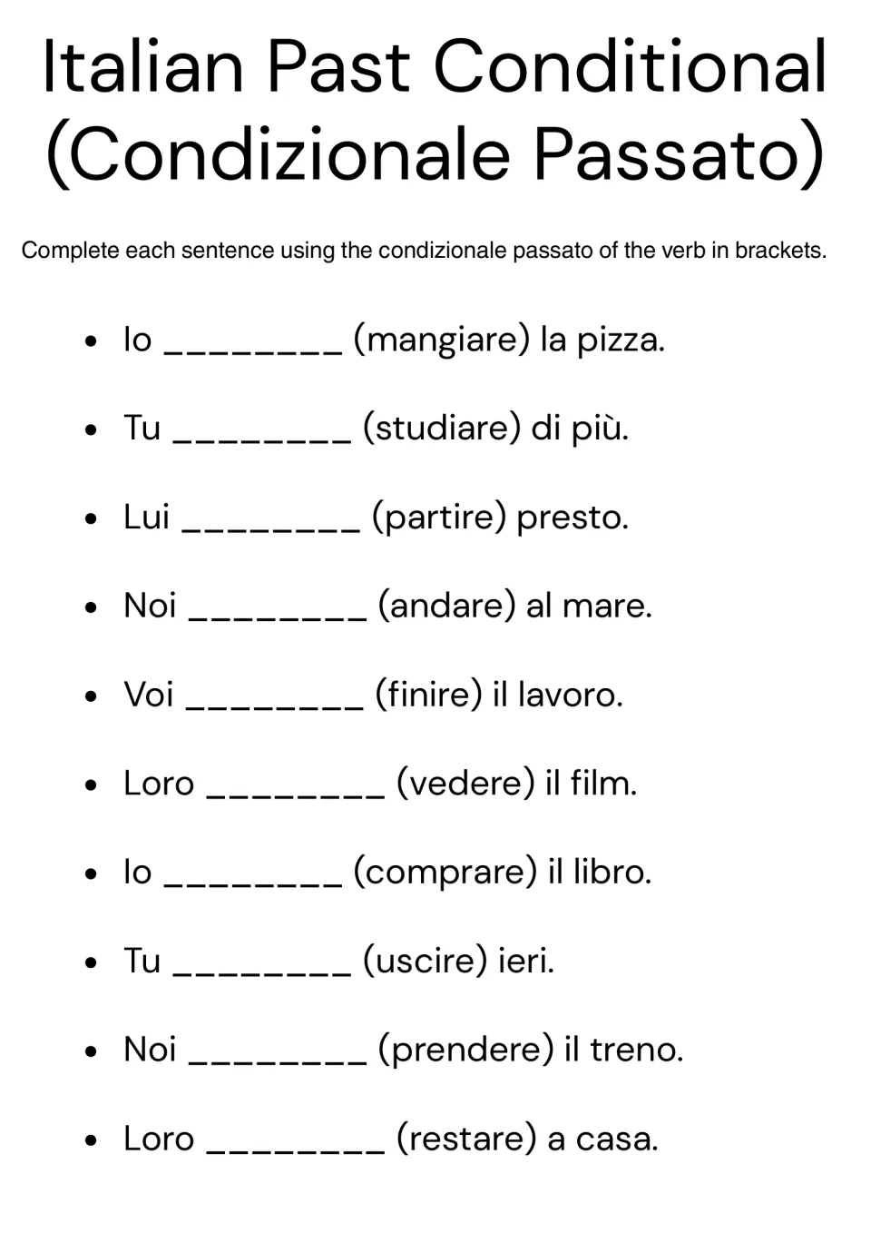 Italian past conditional practice: 10 sentence completions using mangiare (to eat), partire (to leave) and more