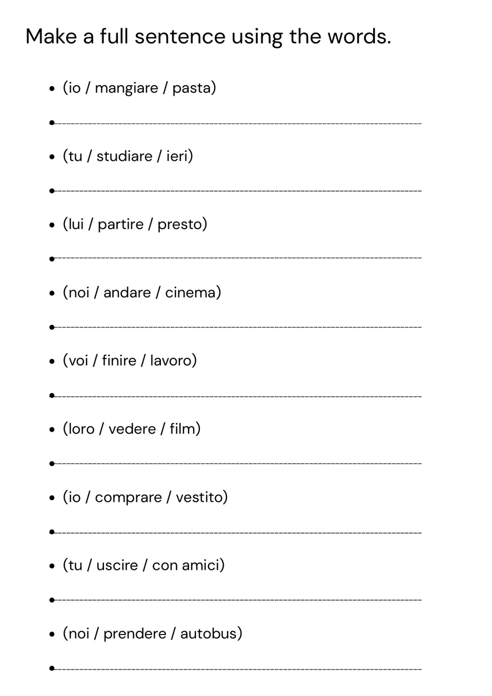 Italian past conditional sentence building: nine word sets including io / mangiare / pasta and noi / andare / cinema