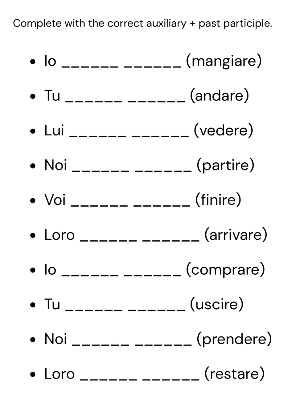 Italian past conditional practice: supply auxiliaries and participles for 10 verbs, including mangiare (to eat)