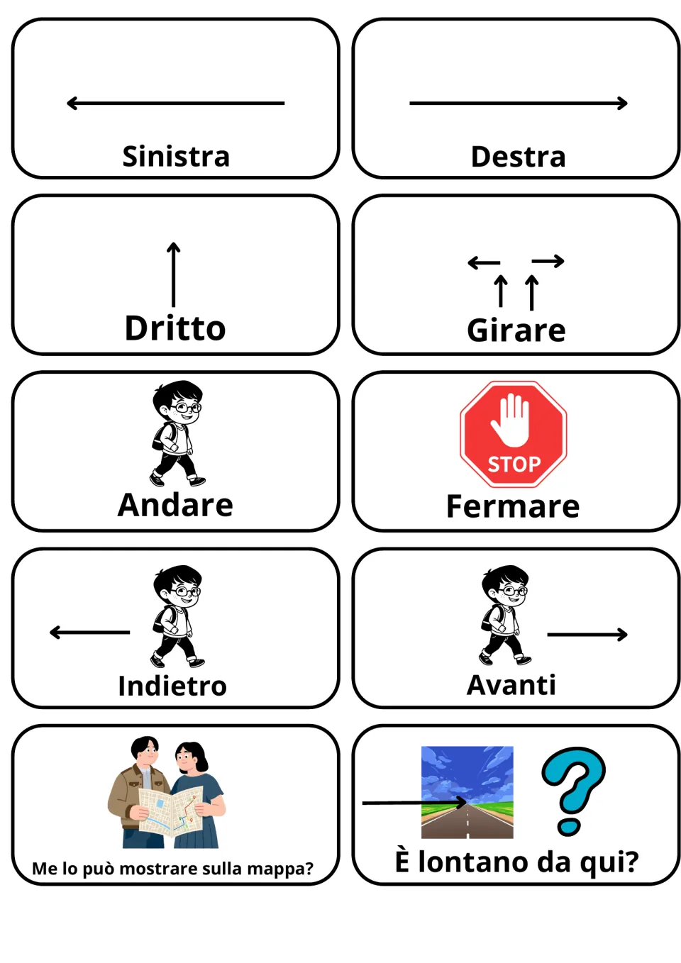Italian direction words: 10 picture cards with arrows and icons for sinistra, destra, dritto, fermare and asking for help