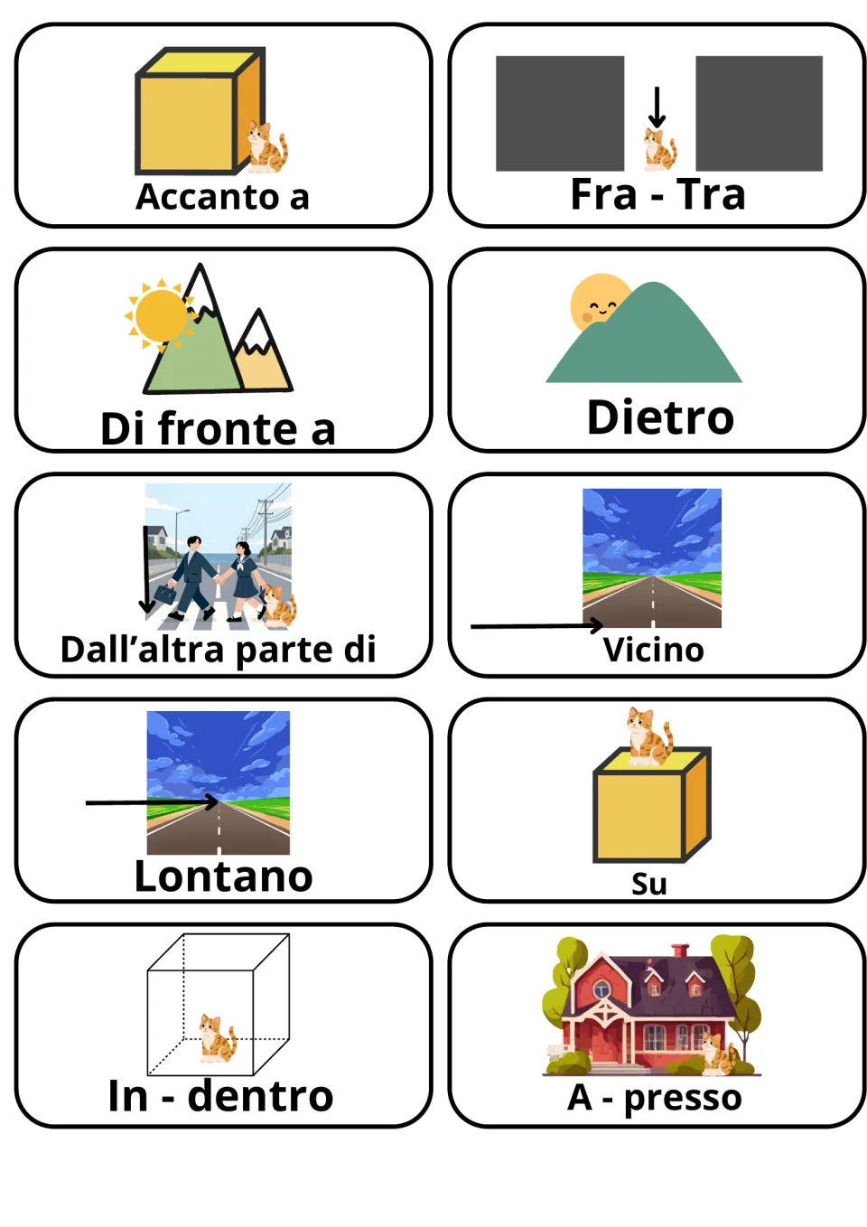 Italian position words: 10 picture cards showing a cat beside, between, on and inside boxes, plus vicino and lontano roads