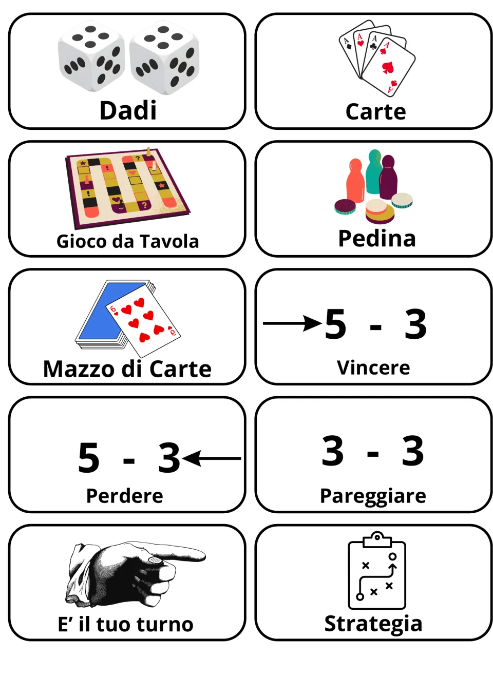Italian vocabulary cards 1–10: dadi (dice), carte (cards), pedina (game piece), and seven more.