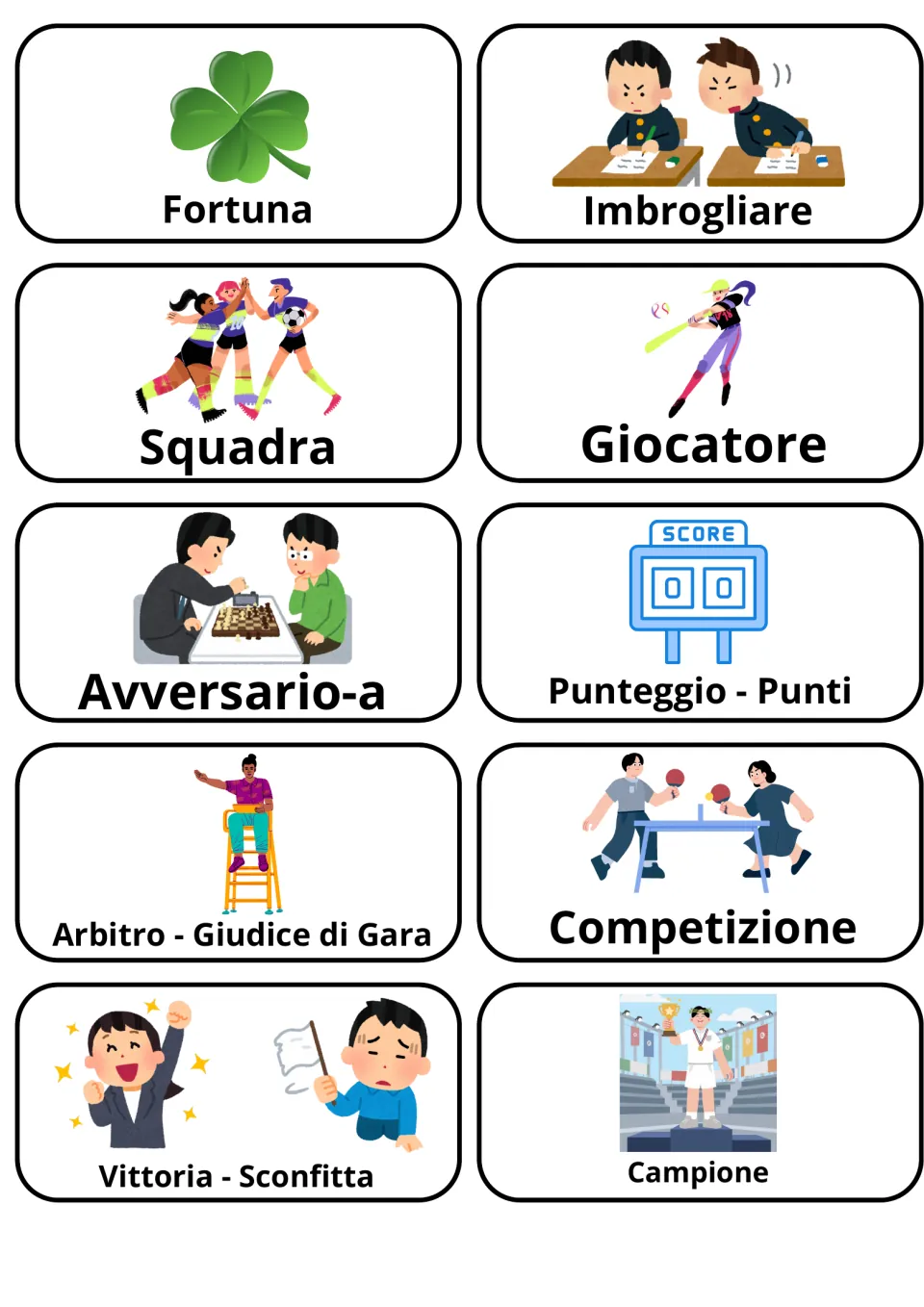 Italian vocabulary cards 11–20: fortuna (luck), squadra (team), campione (champion), and seven more.
