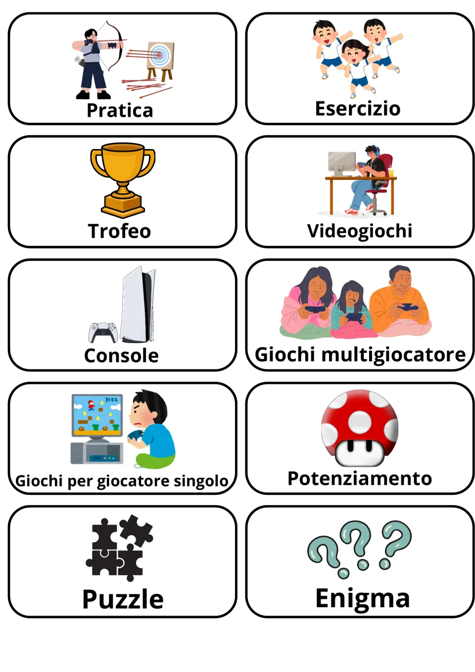 Italian vocabulary cards 21–30: pratica (practice), trofeo (trophy), enigma (riddle), and seven more.