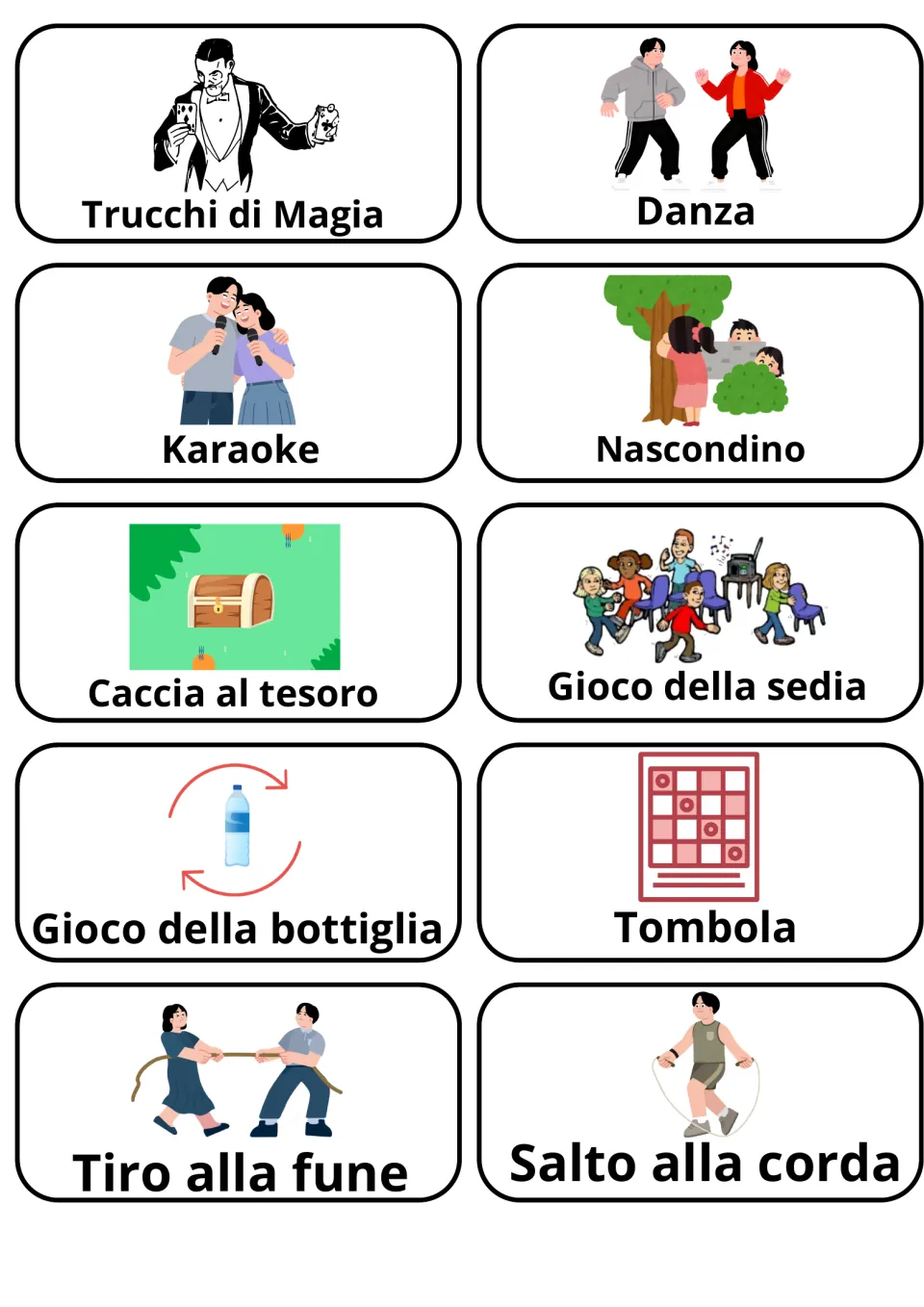 Italian vocabulary cards 31–40: danza (dance), karaoke, nascondino (hide-and-seek), and seven more.