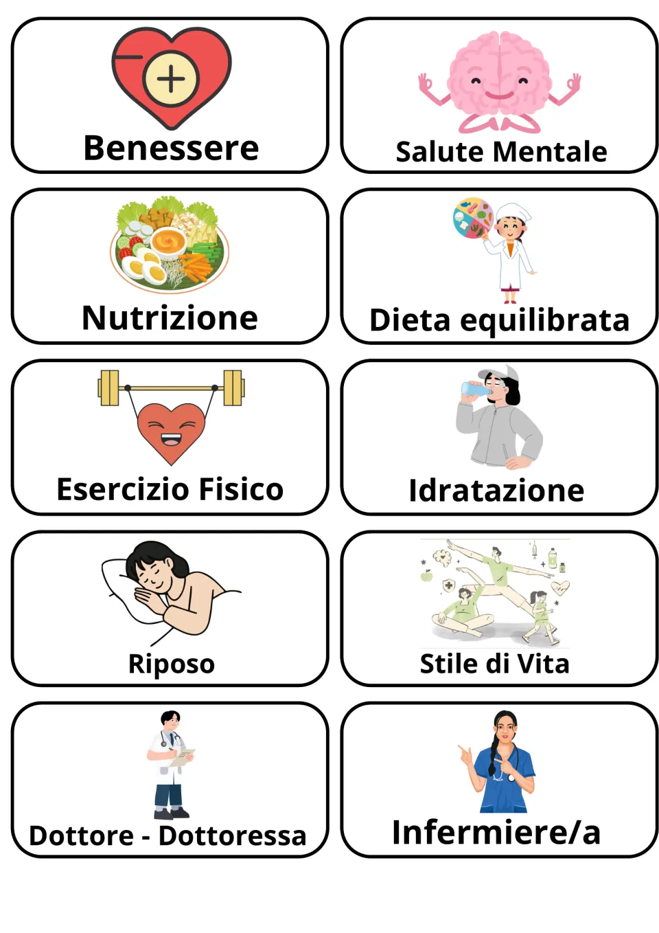 Italian health flashcards 1–10: benessere (well-being), nutrizione (nutrition), riposo (rest) and seven more.