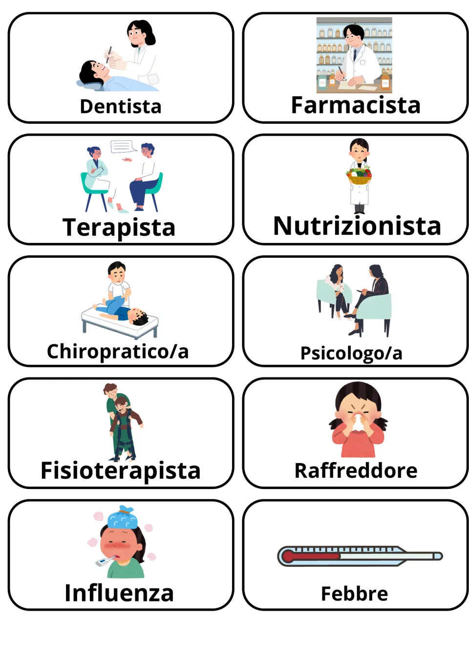 Italian health flashcards 11–20: dentista (dentist), febbre (fever), influenza (flu) and seven more.