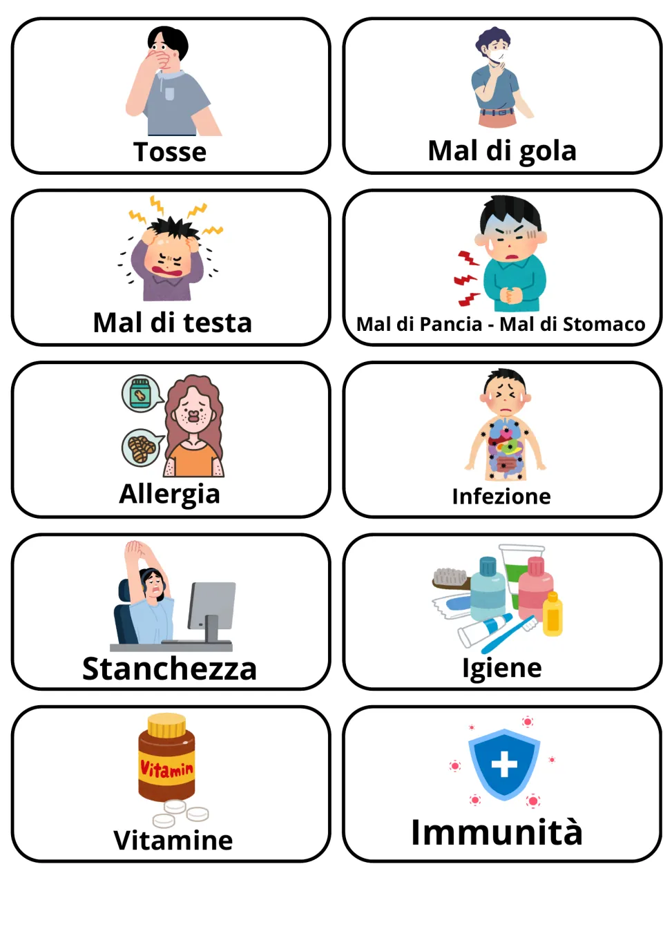 Italian health flashcards 21–30: tosse (cough), allergia (allergy), igiene (hygiene) and seven more.